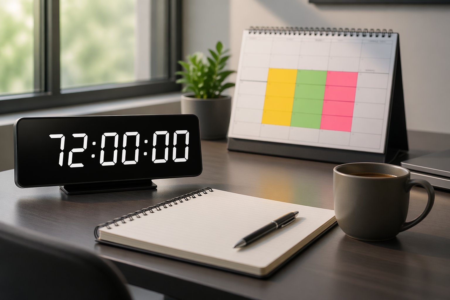 Um espaço de trabalho moderno com um relógio digital mostrando 72 horas e um calendário aberto destacando três dias consecutivos.