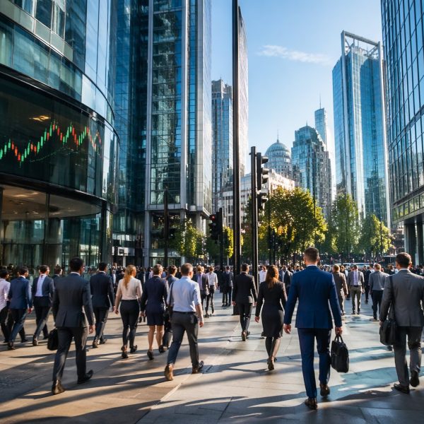 Área financeira movimentada com prédios modernos e pessoas caminhando durante o dia.