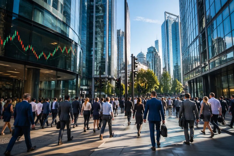 Área financeira movimentada com prédios modernos e pessoas caminhando durante o dia.