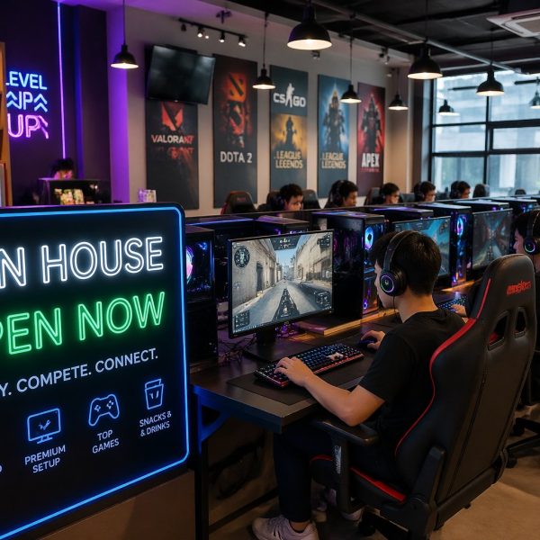Interior de uma lan house moderna com pessoas jogando em computadores, ambiente bem iluminado e organizado.