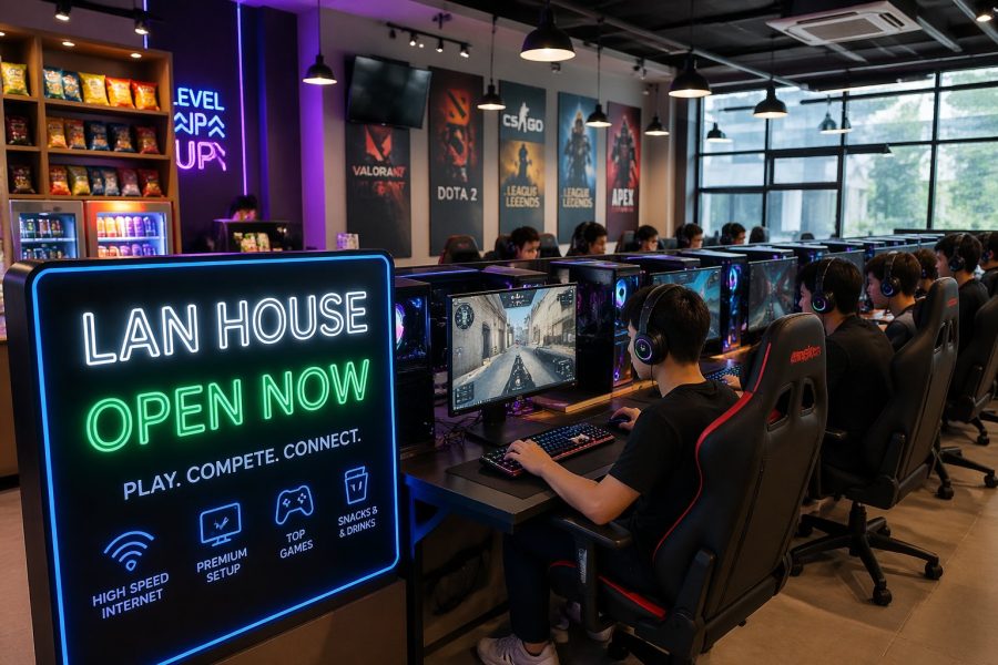 Interior de uma lan house moderna com pessoas jogando em computadores, ambiente bem iluminado e organizado.