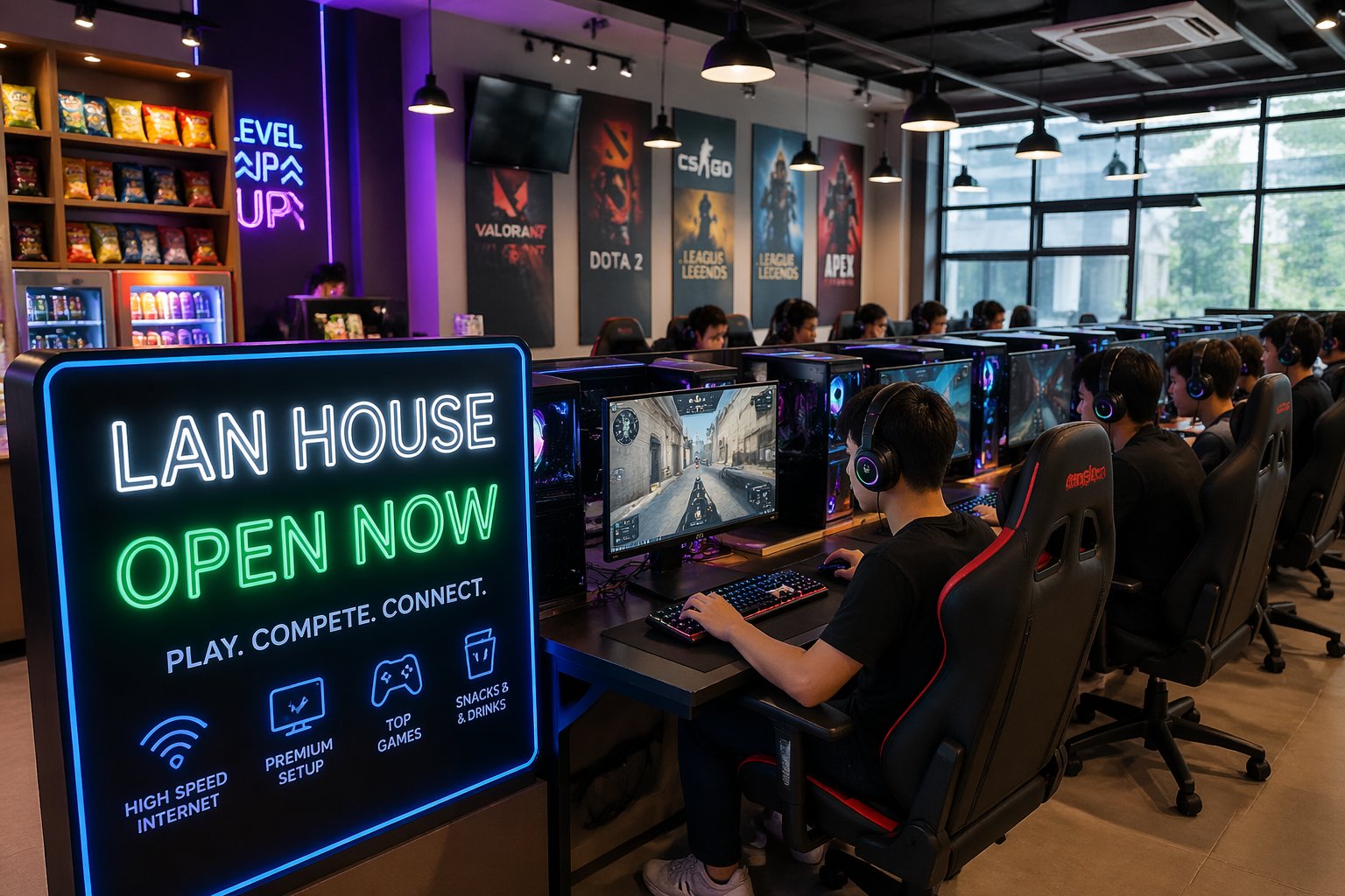 Interior de uma lan house moderna com pessoas jogando em computadores, ambiente bem iluminado e organizado.