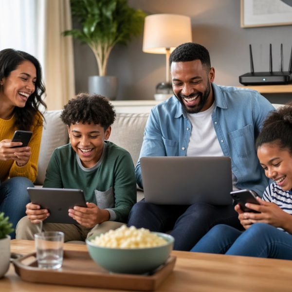 Família sorridente reunida na sala de estar usando dispositivos digitais juntos.