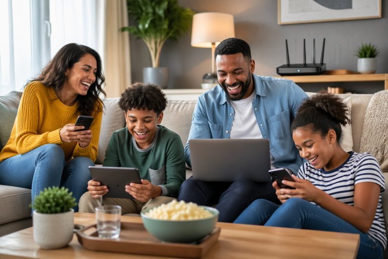 Família sorridente reunida na sala de estar usando dispositivos digitais juntos.