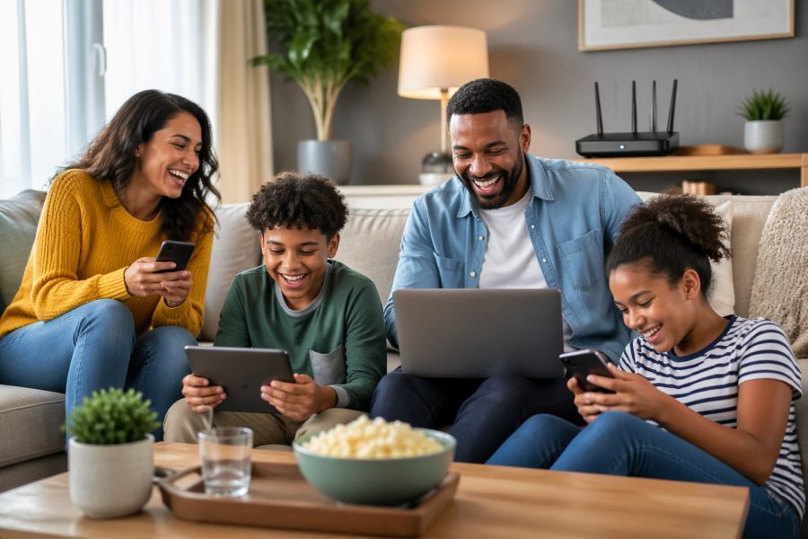 Família sorridente reunida na sala de estar usando dispositivos digitais juntos.