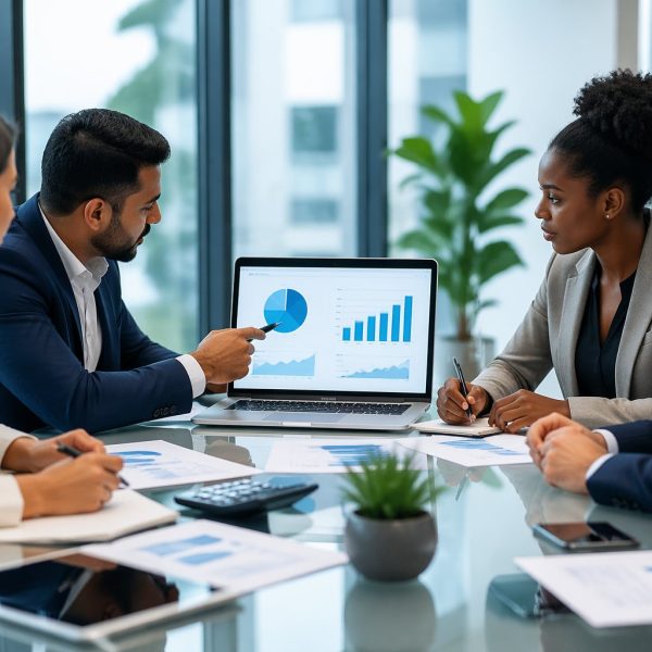 Grupo de profissionais em escritório discutindo cálculos financeiros ao redor de uma mesa com laptop e calculadora.